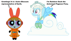 Size: 938x541 | Tagged: safe, artist:guihercharly, character:rainbow dash, astro blossom, astrodash, astronaut, blossom (powerpuff girls), clothing, cloud, costume, crossover, space suit, the powerpuff girls
