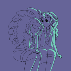 Size: 2250x2250 | Tagged: safe, artist:suchosophie, character:adagio dazzle, character:sunset shimmer, species:human, ship:sunsagio, my little pony:equestria girls, comforting, depression, female, lesbian, monochrome, sad, shipping