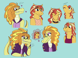 Size: 2950x2200 | Tagged: safe, artist:suchosophie, character:adagio dazzle, character:sunset shimmer, species:anthro, ship:sunsagio, my little pony:equestria girls, alligator, blushing, clothing, dazzlegator, female, floating heart, freckles, geode of empathy, heart, horse, horse noises, interspecies, lesbian, love, magical geodes, onomatopoeia, shipping, species swap, text, thought bubble