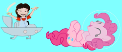 Size: 1227x526 | Tagged: safe, artist:guihercharly, character:pinkie pie, astronaut, crossover, dragon tales, emmy, glass dome, laughing, space car, space helmet, spaceship, the jetsons, voice actor joke, wiggling fingers