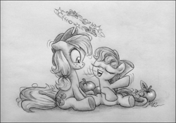 Size: 1100x776 | Tagged: safe, artist:deathcutlet, character:apple bloom, character:applejack, species:earth pony, species:pony, apple, apple siblings, black and white, bow, circling stars, clothing, confused, cowboy hat, dizzy, female, filly, food, grayscale, hair bow, hat, mare, monochrome, open mouth, pencil drawing, sitting, talking, traditional art