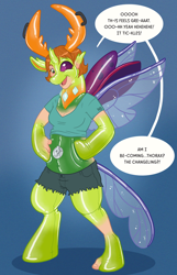 Size: 800x1239 | Tagged: safe, artist:hornbuckle, character:thorax, species:changeling, species:human, species:reformed changeling, barefoot, clothing, feet, female, female to male, human to changeling, inflatable, inflatable pony, latex, male, pool toy, pooltoy pony, rule 63, smiling, solo, transformation, transformation sequence, transgender transformation, valve