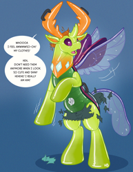 Size: 956x1239 | Tagged: safe, artist:hornbuckle, character:thorax, species:changeling, species:reformed changeling, clothing, female to male, human to changeling, inflatable, inflatable pony, latex, male, pool toy, pooltoy pony, ripping clothes, rule 63, solo, torn clothes, transformation, transformation sequence, transgender transformation, valve, wardrobe malfunction