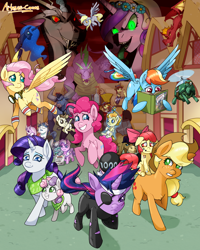 Size: 2000x2500 | Tagged: safe, artist:arteses-canvas, character:apple bloom, character:applejack, character:cranky doodle donkey, character:derpy hooves, character:diamond tiara, character:discord, character:fancypants, character:flam, character:fleur-de-lis, character:flim, character:fluttershy, character:garble, character:iron will, character:pinkie pie, character:pound cake, character:princess luna, character:pumpkin cake, character:queen chrysalis, character:rainbow dash, character:rarity, character:silver spoon, character:spike, character:sweetie belle, character:tank, character:twilight sparkle, character:twilight sparkle (unicorn), species:alicorn, species:donkey, species:draconequus, species:dragon, species:earth pony, species:minotaur, species:pegasus, species:pony, species:unicorn, episode:a canterlot wedding, episode:a friend in deed, episode:baby cakes, episode:dragon quest, episode:family appreciation day, episode:hearth's warming eve, episode:hearts and hooves day, episode:hurricane fluttershy, episode:it's about time, episode:lesson zero, episode:luna eclipsed, episode:may the best pet win, episode:mmmystery on the friendship express, episode:ponyville confidential, episode:putting your hoof down, episode:read it and weep, episode:secret of my excess, episode:sisterhooves social, episode:sweet and elite, episode:the cutie pox, episode:the last roundup, episode:the mysterious mare do well, episode:the return of harmony, episode:the super speedy cider squeezy 6000, g4, my little pony: friendship is magic, baby, baby pony, bandana, book, bow, clothing, colt, corrupted, cowboy hat, disguise, disguised changeling, eyepatch, fake cadance, female, filly, flying, foal, future twilight, glowing eyes, goggles, hair bow, hat, long tongue, magic, male, mane seven, mane six, mare, necktie, nose piercing, nose ring, piercing, ponyville, poster, reading, season 2, sharp teeth, spikezilla, teeth, telekinesis, tongue out, wall of tags