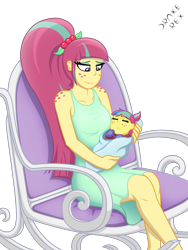 Size: 1500x2000 | Tagged: safe, artist:drake-rex, character:sour sweet, oc, oc:citrus flare, parent:sour sweet, parents:canon x oc, my little pony:equestria girls, baby, clothing, commission, cute, dress, female, freckles, long hair, momma sour sweet, mother, mother and daughter, offspring, parent:oc:sparks, parents:sourks, rocking chair, shoulder freckles, sourbetes