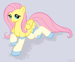 Size: 850x701 | Tagged: dead source, safe, artist:mumbles, character:fluttershy, species:pegasus, species:pony, artifact, clothing, female, mare, prone, smiling, socks, solo