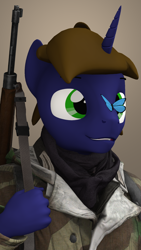 Size: 1080x1920 | Tagged: safe, artist:kowalskicore, oc, oc only, oc:galahad lazuli, species:anthro, species:pony, species:unicorn, 3d, abstract background, butterfly, camouflage, clothing, gewehr 43, gun, rifle, simple background, source filmmaker, tan background, uniform, weapon, wehrmacht