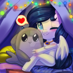 Size: 1280x1280 | Tagged: safe, artist:auroracursed, oc, species:anthro, species:pegasus, species:pony, species:unguligrade anthro, :>, blanket, blushing, colored pupils, cute, deviantart watermark, dialogue, dolphin, grin, heart, hug, jewelry, looking at you, necklace, night, obtrusive watermark, one eye closed, pictogram, plushie, smiley face, smiling, solo, speech bubble, spoken heart, toy, watermark, wink