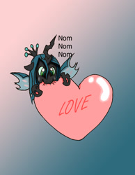Size: 1115x1439 | Tagged: safe, artist:dragonblood6400, character:queen chrysalis, chewing, cute, cutealis, heart, love, nom, nymph