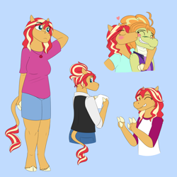 Size: 2250x2250 | Tagged: safe, artist:suchosophie, character:adagio dazzle, character:sunset shimmer, species:anthro, ship:sunsagio, my little pony:equestria girls, alligator, alternate universe, blushing, clothing, cloven hooves, cute, dazzlegator, female, finger hooves, floating heart, freckles, geode of empathy, hair bun, heart, horse, interspecies, kiss on the cheek, kissing, leonine tail, lesbian, magical geodes, messy hair, paper, reptile, shipping, shirt, shorts, simple background, species swap, unshorn fetlocks
