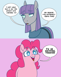 Size: 1280x1622 | Tagged: safe, artist:petalierre, character:maud pie, character:pinkie pie, species:earth pony, species:pony, 2 panel comic, blue background, comic, dialogue, duo, female, irrational exuberance, mare, pink background, red vs blue, siblings, simple background, sisters, smiling, speech bubble