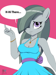 Size: 3000x4000 | Tagged: safe, artist:brokententacle, character:marble pie, species:anthro, armpits, bracelet, breasts, busty marble pie, clothing, cute, dress, female, jewelry, marblebetes, necklace, ribbon, solo