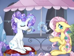 Size: 1200x910 | Tagged: safe, artist:ambunny, character:fluttershy, character:rarity, species:crystal pony, species:pegasus, species:pony, species:unicorn, alternate hairstyle, blushing, cafe, cafeteria, crystal empire, crystal rarity, crystallized, cup, digital art, duo, duo female, eyes closed, female, floppy ears, flower, flower in hair, hoof hold, looking at you, magic, mare, pillow, scenery, signature, sipping, sitting, smiling, sparkles, tea, teacup, teapot, telekinesis