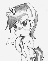 Size: 1072x1348 | Tagged: safe, artist:spackle, character:lyra heartstrings, species:pony, species:unicorn, bipedal, blushing, cute, female, heart, implied firecracker burst, love, lyrabetes, mare, monochrome, open mouth, raised hoof, simple background, smiling, solo, traditional art, white background