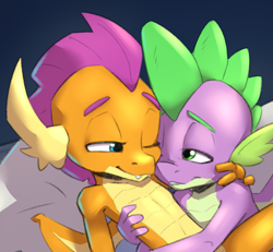 Size: 1491x1375 | Tagged: safe, artist:quadrog, character:smolder, character:spike, species:dragon, ship:spolder, commission, cropped, cute, dragoness, female, hug, lidded eyes, looking at each other, male, one eye closed, pillow, shipping, sleepy, smolderbetes, spikabetes, straight, winged spike, wink