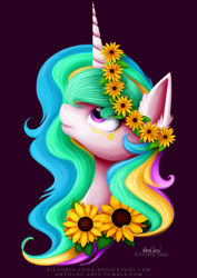 Size: 3507x4960 | Tagged: safe, artist:victoria-luna, character:princess celestia, species:alicorn, species:pony, bust, cute, ear fluff, female, flower, flower in hair, looking up, mare, portrait, profile, smiling, solo, sunflower