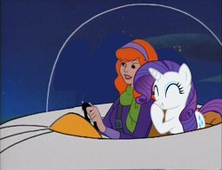 Size: 1053x810 | Tagged: safe, artist:guihercharly, character:rarity, context is for the weak, crossover, daphne blake, driving, glass dome, hanna barbera, laughing, scooby doo, space, spaceship, the jetsons, wat