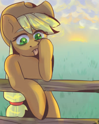 Size: 1280x1600 | Tagged: safe, artist:renka2802, character:applejack, species:pony, akanbe, bipedal, cloud, cute, eyebrows, eyebrows visible through hair, eyelid pull, female, fence, jackabetes, mare, solo, sunset, tongue out