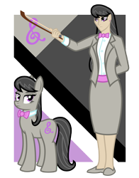 Size: 4289x5467 | Tagged: safe, artist:cyril_deroach, character:octavia melody, species:earth pony, species:human, species:pony, art pack:equestria humanized project, abstract background, bow (instrument), bow tie, clothing, cutie mark, dress, duo, duo female, female, humanized, jacket, mare, show accurate, simple background, skirt, transparent background