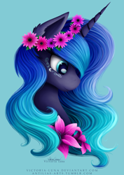 Size: 3507x4960 | Tagged: safe, artist:victoria-luna, character:princess luna, species:alicorn, species:pony, blue background, bust, cute, ear fluff, female, floral head wreath, flower, flower in hair, flower necklace, lunabetes, mare, portrait, profile, simple background, smiling, solo