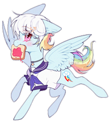 Size: 1026x1121 | Tagged: safe, artist:kitten-in-the-jar, character:rainbow dash, species:pegasus, species:pony, bell, bell collar, bread, collar, digital art, eye clipping through hair, female, food, mare, mouth hold, rainbow-less dash, schoolgirl toast, simple background, solo, toast, transparent background