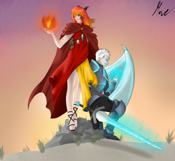 Size: 2500x2300 | Tagged: safe, artist:move, oc, oc:exuro firesong, oc:noc visum, species:human, armor, clothing, fangs, female, fire, fireball, guard, horns, humanized, knight, magic, male, robe, scales, sword, transformed, vest, weapon, white hair, wings