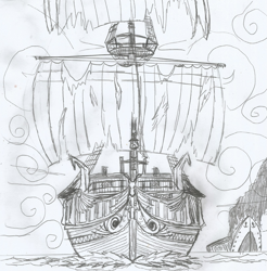 Size: 1601x1629 | Tagged: safe, artist:newman134, my little pony:equestria girls, boat, drawing, ghost ship, monochrome, no characters, sailing ship, ship, traditional art