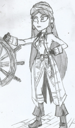 Size: 873x1481 | Tagged: safe, artist:newman134, oc, oc only, species:human, my little pony:equestria girls, drawing, monochrome, pirate, solo, steering wheel, traditional art, undead, villainess