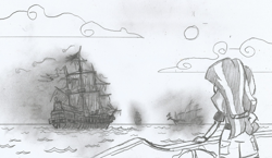 Size: 1796x1040 | Tagged: safe, artist:newman134, character:sunset shimmer, species:human, my little pony:equestria girls, boat, female, fog, ghost ship, monochrome, ocean, solo, traditional art