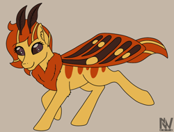 Size: 1032x785 | Tagged: safe, artist:nightwind-arts, oc, oc only, oc:valerie, species:mothpony, species:pony, antennae, ear fluff, female, fluffy, mare, moth, neck fluff, original species, simple background, smiling, solo, walking