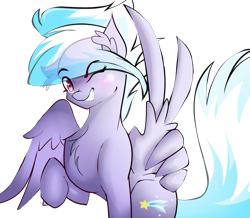 Size: 2779x2425 | Tagged: safe, artist:asimplerarity, character:cloudchaser, species:pegasus, species:pony, blushing, chest fluff, female, mare, raised hoof, simple background, sitting, smiling, solo, transparent background, wing hands, wings