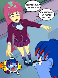 Size: 1500x2000 | Tagged: safe, artist:drake-rex, character:sour sweet, oc, oc:sparks, my little pony:equestria girls, anime, clothing, commission, crystal prep academy, crystal prep academy uniform, cute, freckles, glasses, long hair, manga, meme, miniskirt, plaid skirt, pleated skirt, ponytail, sad, school uniform, shocked expression, shoes, skirt, socks, sourbetes, sourks, text