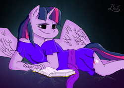 Size: 2307x1653 | Tagged: safe, artist:cypisek95, character:twilight sparkle, character:twilight sparkle (alicorn), species:alicorn, species:anthro, species:pony, book, clothing, dress, female, horn, lying down, smiling, spread wings, wings