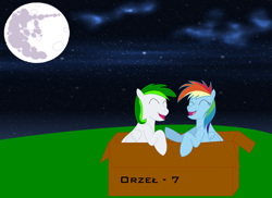 Size: 4677x3400 | Tagged: safe, artist:cypisek95, character:rainbow dash, oc, species:pegasus, species:pony, box, eyes closed, female, full moon, hooves, male, mare, mare in the moon, moon, night, open mouth, pony in a box, stallion, wings