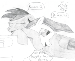 Size: 3544x2880 | Tagged: safe, artist:cypisek95, character:rainbow dash, oc, species:pegasus, species:pony, black and white, comic, crying, eyes closed, female, floppy ears, grayscale, hooves, hug, male, mare, monochrome, open mouth, simple background, stallion, traditional art, white background, wings