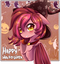 Size: 2500x2680 | Tagged: safe, artist:shimayaeiko, oc, oc only, oc:velvet silverwing, species:bat pony, apple, clothing, collar, cute, female, food, halloween, hat, holiday, solo, text, witch hat