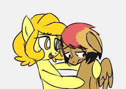 Size: 1245x875 | Tagged: safe, artist:robiinart, oc, oc only, oc:butterscotch (robiinart), oc:lightningbeat, species:earth pony, species:pegasus, species:pony, comforting, contrast, depression, doodle, female, floppy ears, hoof on shoulder, hug, looking down, male, simple background, size difference, sketch, smaller male, spread wings, wings