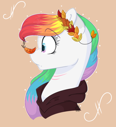 Size: 1344x1472 | Tagged: safe, artist:rainbowpawsarts, oc, oc only, oc:rainbow paws, species:pegasus, species:pony, autumn, bust, clothing, female, floral head wreath, flower, hoodie, leaves, mare, multicolored hair, rainbow hair, scar, surprised