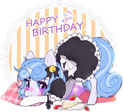 Size: 1135x1029 | Tagged: safe, artist:kitten-in-the-jar, oc, oc only, oc:melodia, species:pony, species:unicorn, bell, blushing, bow, cake, clothing, cute, female, food, happy birthday, maid, mare, ocbetes, pillow, solo, strawberry, ych result