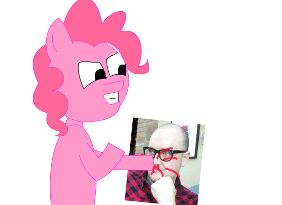 Size: 550x400 | Tagged: safe, artist:meme mare, character:pinkie pie, species:earth pony, species:human, species:pony, animated, blood, female, gif, glare, glasses, grin, irl human, jim miller, mare, photo, punch, simple background, smiling, smirk, wat, watch out we have a badass over here, white background