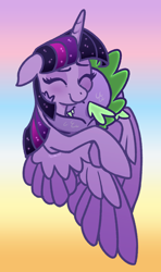 Size: 1600x2700 | Tagged: safe, artist:nessacity, character:spike, character:twilight sparkle, character:twilight sparkle (alicorn), species:alicorn, species:dragon, species:pony, cute, duo, eyes closed, female, floppy ears, gradient background, hug, male, mama twilight, mare, spikabetes, spikelove, twiabetes, two toned wings, winghug, wings