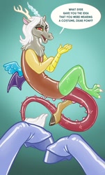Size: 800x1328 | Tagged: safe, artist:hornbuckle, character:discord, oc:eris, species:draconequus, arm hooves, human to anthro, offscreen character, pov, rubber, rule 63, talking to viewer, transformation