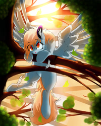 Size: 3200x4000 | Tagged: safe, artist:asimplerarity, character:derpy hooves, species:pegasus, species:pony, backlighting, cute, derpabetes, ear fluff, eye clipping through hair, feather, female, hang in there, hanging, hanging on, high res, mare, open mouth, solo, spread wings, tree, tree branch, wings