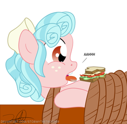 Size: 1871x1815 | Tagged: safe, artist:stormythetrooper, character:cozy glow, cozybetes, cozybuse, cute, food, hungry, sandwich, tied up