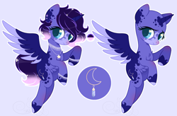 Size: 2752x1800 | Tagged: safe, artist:sh3llysh00, oc, oc:crystal moon, parent:fluttershy, parent:princess luna, parents:lunashy, species:alicorn, species:pony, blue background, ethereal mane, female, galaxy mane, magical lesbian spawn, mare, offspring, reference sheet, simple background, solo