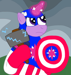 Size: 1000x1063 | Tagged: safe, artist:mtad2, character:twilight sparkle, character:twilight sparkle (alicorn), species:alicorn, species:pony, episode:the ending of the end, g4, my little pony: friendship is magic, avengers, avengers: endgame, captain america, equestria assemble, female, hammer, i knew it!, mjölnir, shield, solo, thor, war hammer