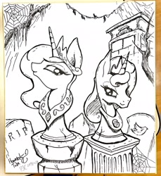 Size: 1878x2048 | Tagged: safe, artist:psaxophone, character:princess celestia, character:princess luna, species:pony, bust, crown, gravestone, jewelry, monochrome, peytral, regalia, spider web, statue, tombstones