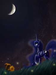 Size: 1519x2025 | Tagged: safe, artist:bigponymac, character:princess luna, species:alicorn, species:pony, crescent moon, female, grass, looking up, mare, moon, night, raised hoof, solo, stars