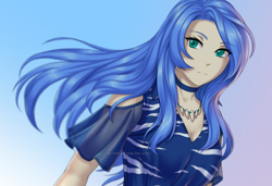 Size: 1356x927 | Tagged: safe, artist:jay-kuro, character:princess luna, species:human, choker, close-up, clothing, female, gradient background, humanized, jewelry, looking at you, necklace, obtrusive watermark, silk, solo, watermark