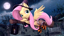 Size: 3840x2160 | Tagged: safe, artist:owlpirate, character:fluttershy, species:pegasus, species:pony, 3d, 4k, book, broom, clothing, colored eyebrows, cute, female, flying, flying broomstick, full moon, halloween, hat, holiday, lantern, mare, moon, mop, night, revamped ponies, shyabetes, smiling, socks, solo, source filmmaker, striped socks, witch, witch hat